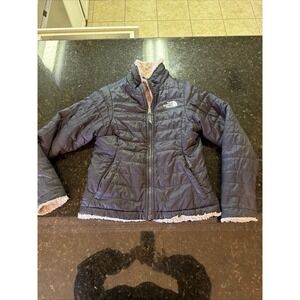 The North Face Reversible Jacket Coat Sz Sm (7-8) Girls Black Puffer Fleece Line